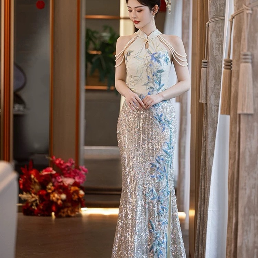 Elegant Sequin Evening Gown with Floral Accents